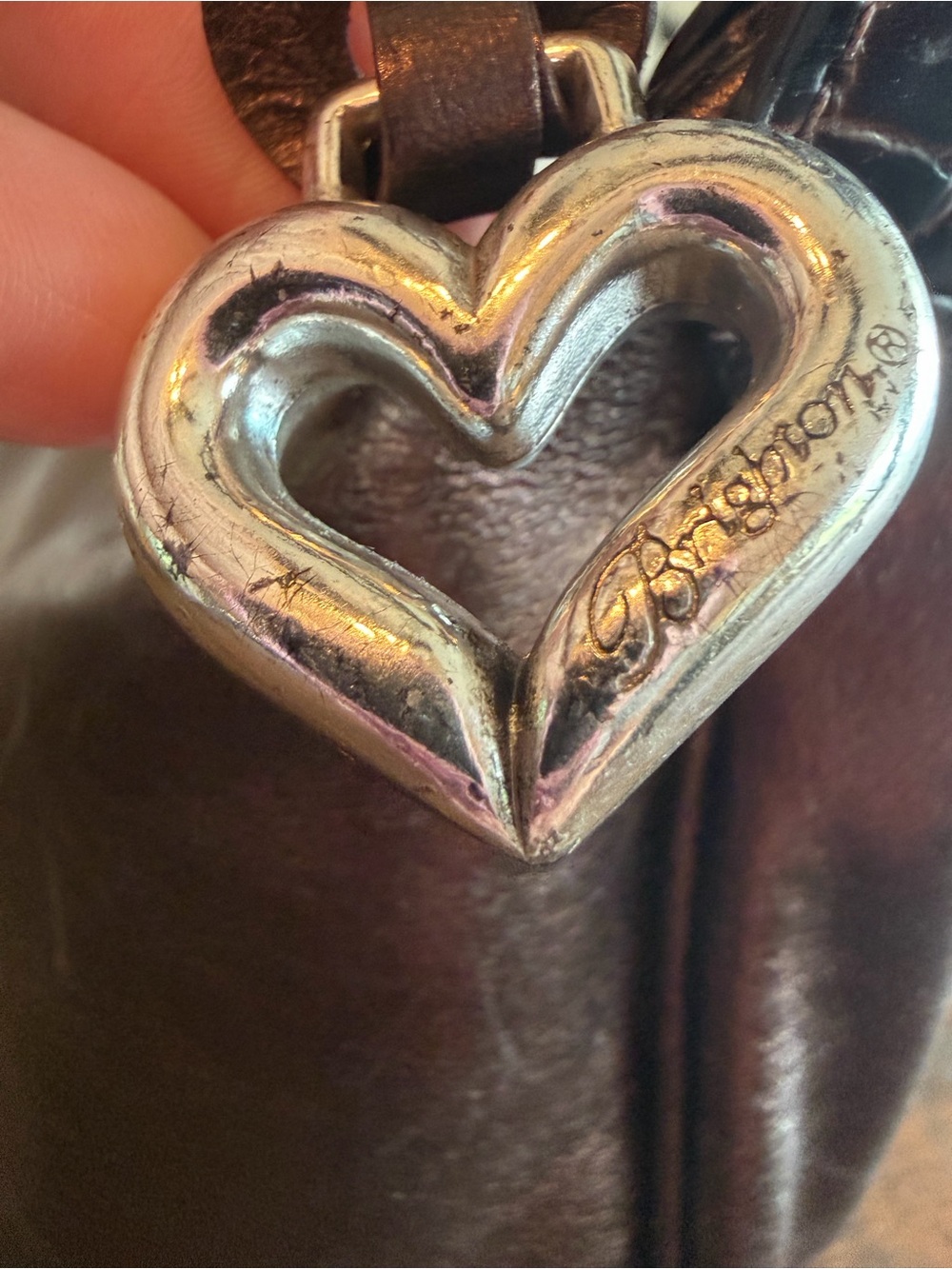 Brighton Bronze Leather Zip Top Croc Trim Hobo Bag with Heart Charms EUC - Picture 5 of 10